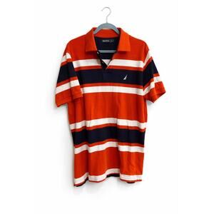 Nautica Mens Striped Polo Shirt Orange Navy White Size Large 100% Cotton